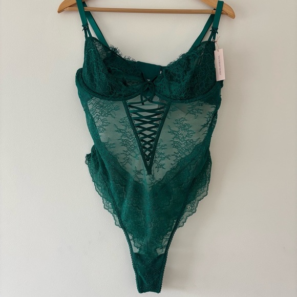 Victoria's Secret EMERALD GREEN Unlined Wicked Lace Up Teddy SOLD OUT in XL - Picture 2 of 8